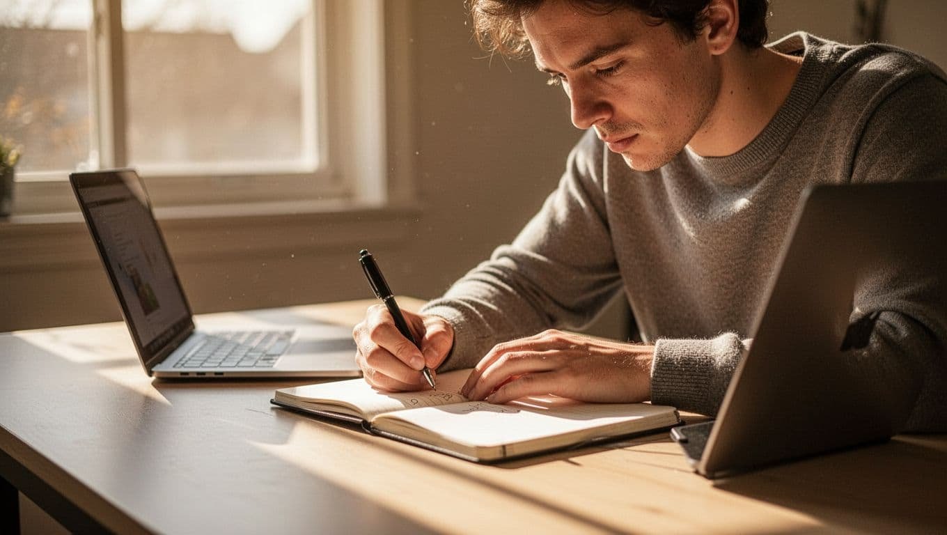 A focused individual writes in a notebook while sitting before an open laptop. Warm sunlight illuminates the workspace, highlighting the texture of the pages and creating high contrast across the room.