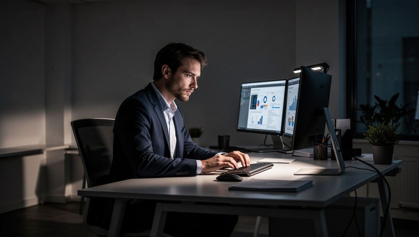 A silhouette of a person concentrates on a project inside a dark, modern office space. High-contrast beams of light highlight their workspace against the moody, deep shadows of the room.