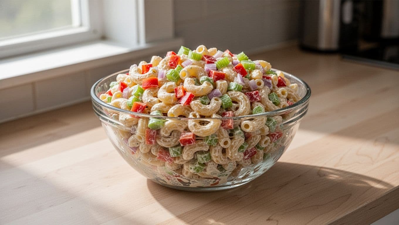 A glass bowl filled with macaroni pasta salad, featuring diced red bell peppers, celery, and onions, rests on a light wooden countertop. Soft window light emphasizes the creamy dressing and textures.