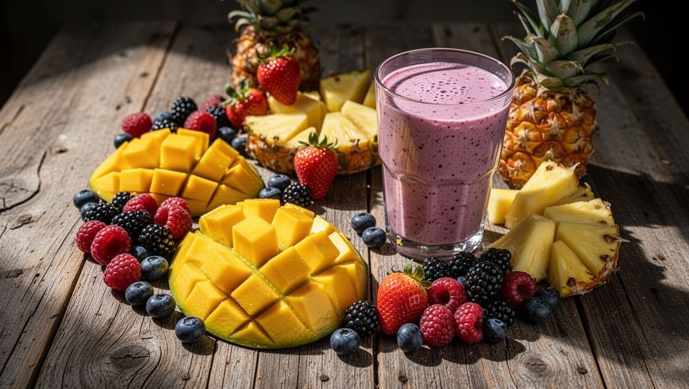 Colorful assortment of fresh berries and tropical fruit pieces arranged on a wooden table near a smoothie.