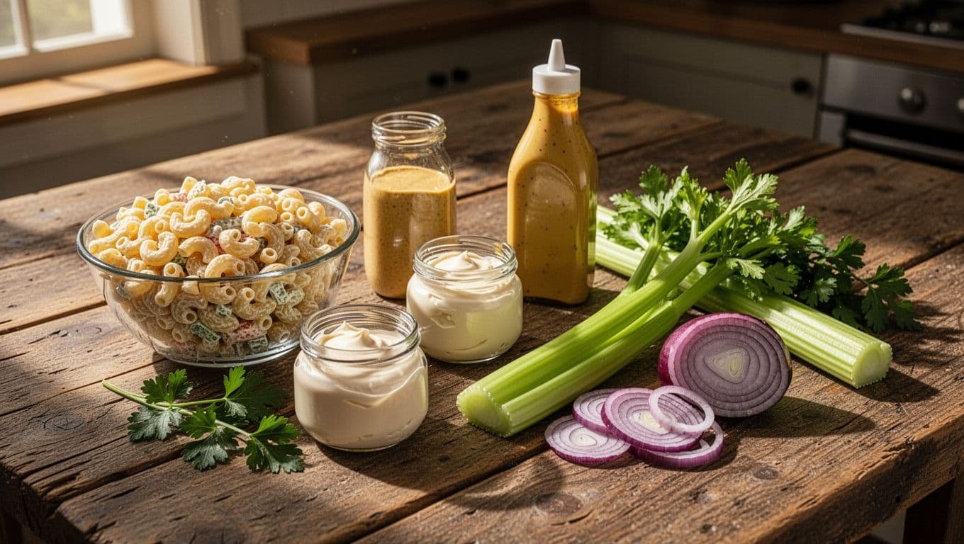 A rustic wooden table holds cooked elbow macaroni in a bowl, alongside mayonnaise, mustard, chopped red onion, celery stalks, and fresh green parsley sprigs under warm, high-contrast natural kitchen light.
