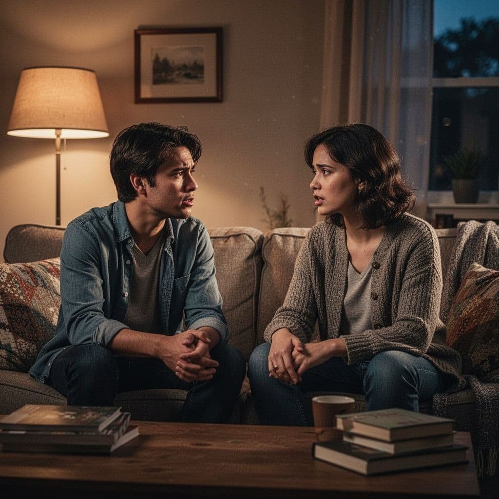 Two close friends sit together on a plush sofa engaged in a heartfelt discussion. A warm lamp casts soft shadows, highlighting their expressions in a cozy, dimly lit living room setting.
