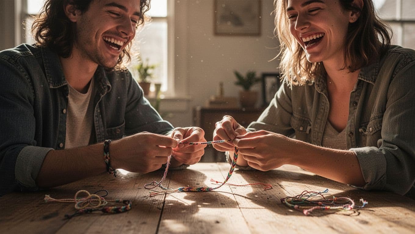 Two close friends sit at a polished wooden table, laughing while threading colorful beads onto strings. Soft golden sunlight streams through a nearby window, illuminating their focused expressions and detailed work.