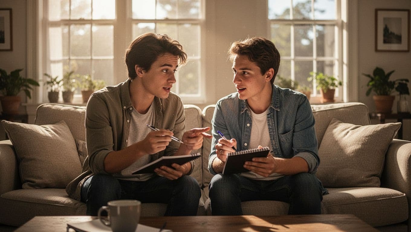 Two close friends sit together on a plush living room sofa, carefully reviewing a list of summer activities. They hold pens and notebooks while sharing an intimate, lighthearted conversation in sunlight.