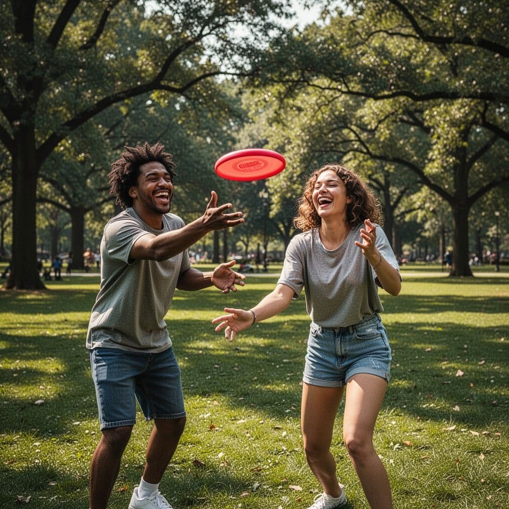 A diverse group of friends in casual attire run across a lush green park field. One person throws a vibrant yellow frisbee while others laugh and watch under bright daylight.