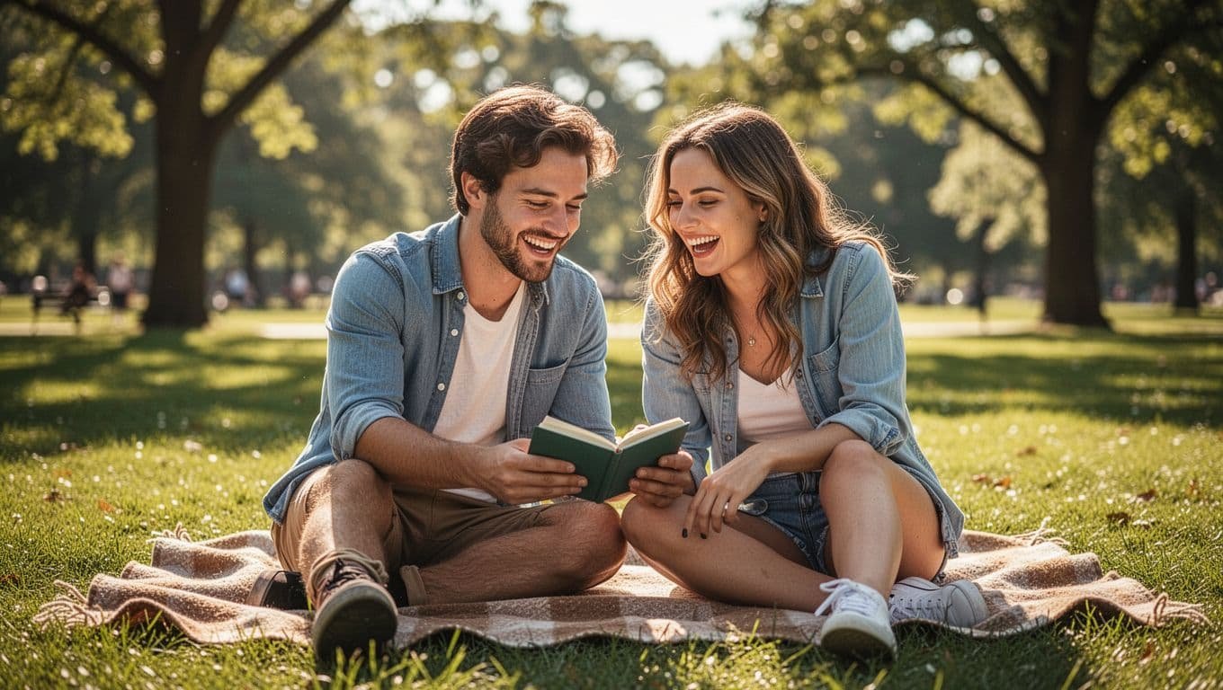 Two close friends sit on a soft blanket in a sunlit park, laughing while reviewing a handwritten notebook list together. Soft grass surrounds them under the warm, golden afternoon sun.