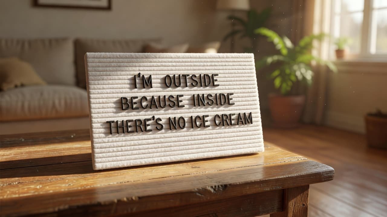A white felt letterboard with humorous text sits on a rustic wooden table. Soft golden hour light fills the living room background, highlighting the texture of the board and nearby greenery.
