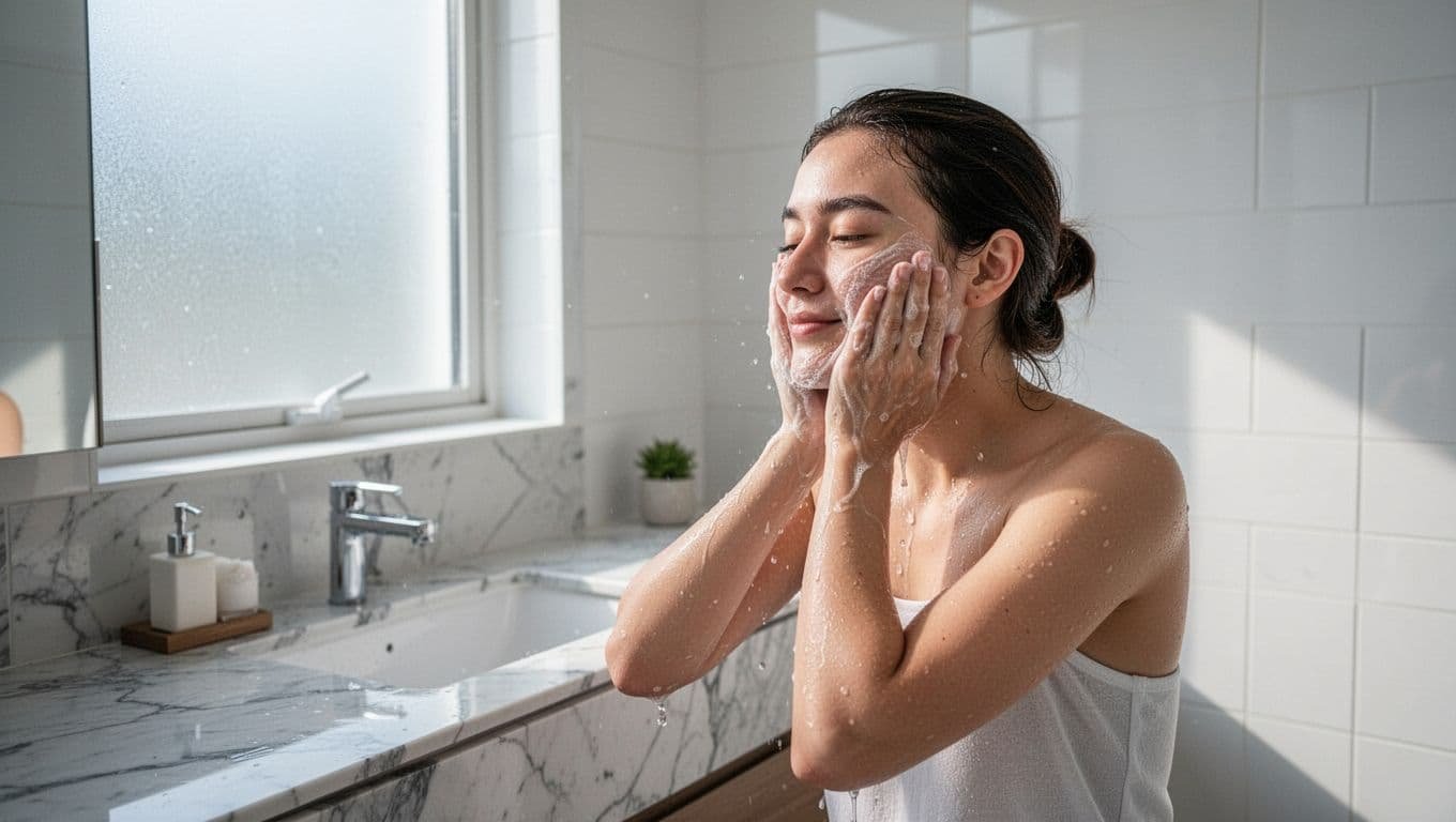 A person cups water in their hands to rinse their face above a pristine white marble vanity. Soft sunlight illuminates the minimalist bathroom decor and the serene, refreshing morning ritual.