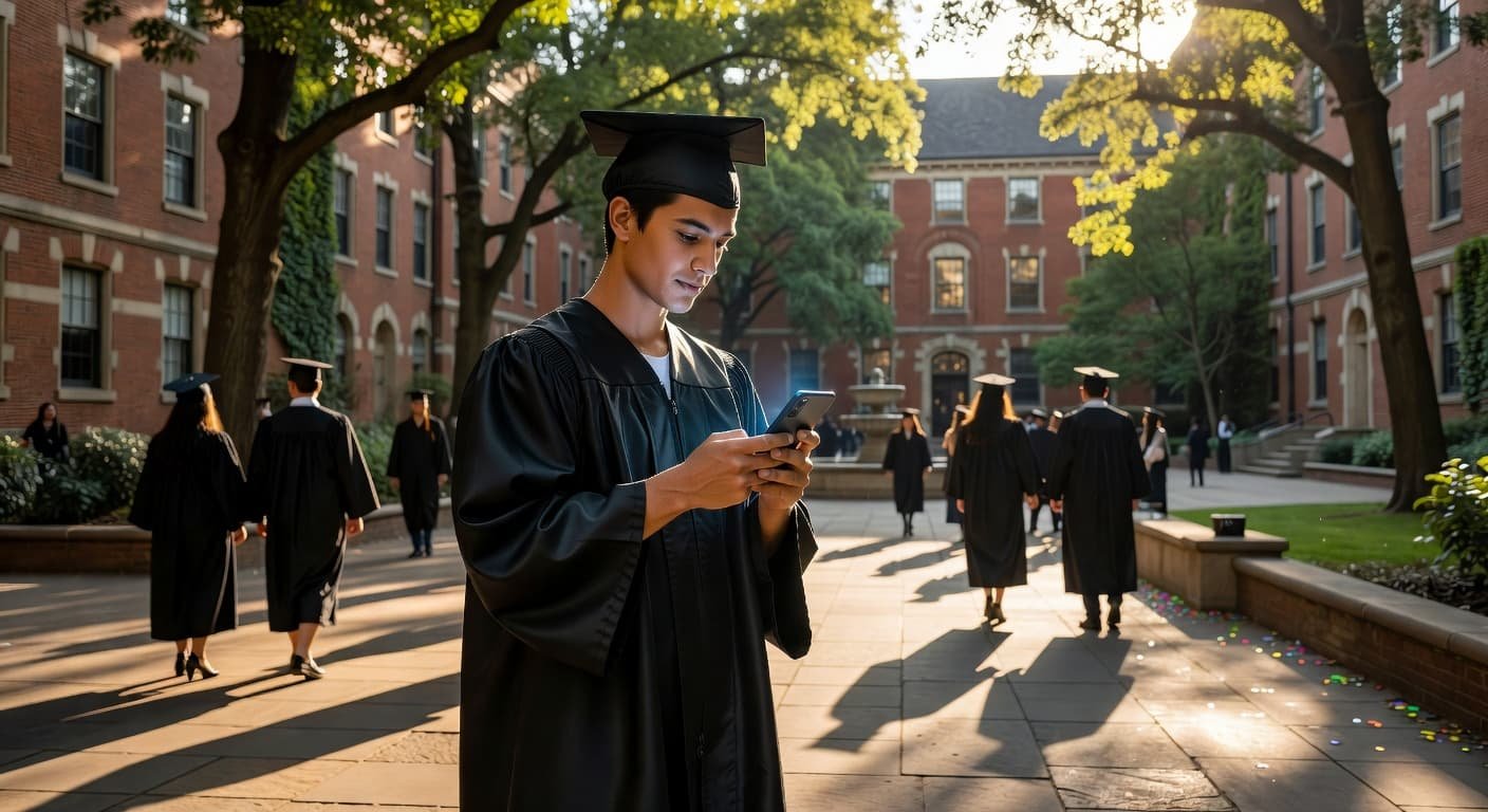 A young graduate wearing a dark cap and gown stands on a sunlit university campus. They look down at a glowing smartphone screen while the blurred background displays lush campus greenery.