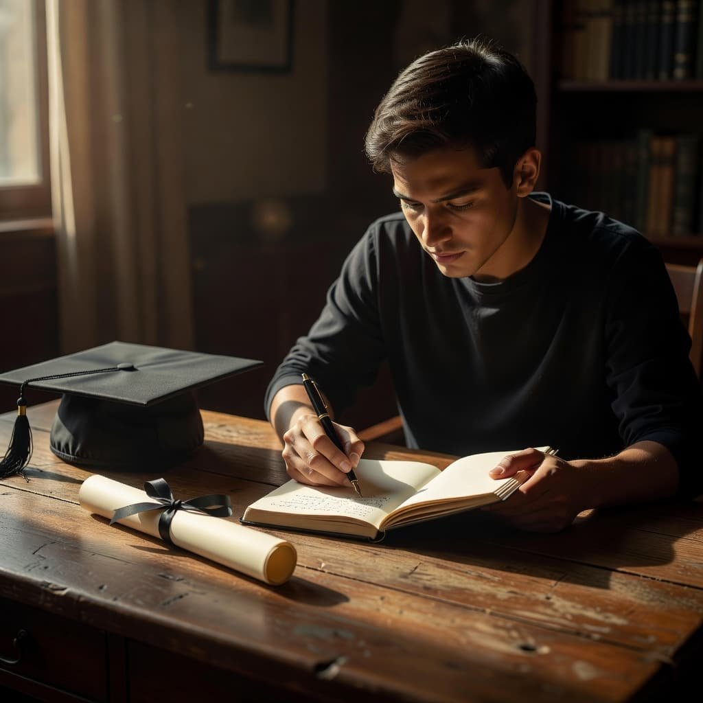 A graduate in academic attire sits at a rustic wooden desk, carefully writing inside a paper notebook. Beside them, a black mortarboard and a rolled diploma rest under dramatic warm lighting.