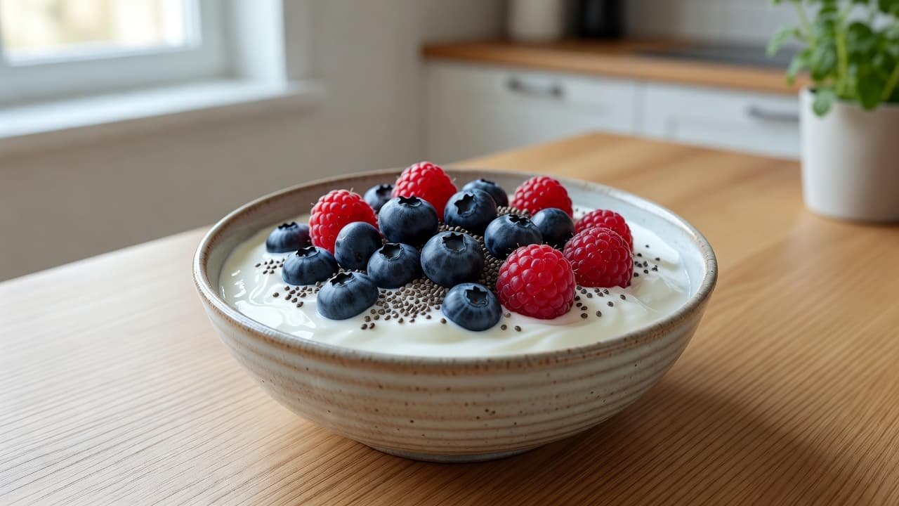 A ceramic bowl filled with thick Greek yogurt is topped with plump blueberries, fresh raspberries, and chia seeds. It sits on a bright morning table in a minimalist kitchen setting.