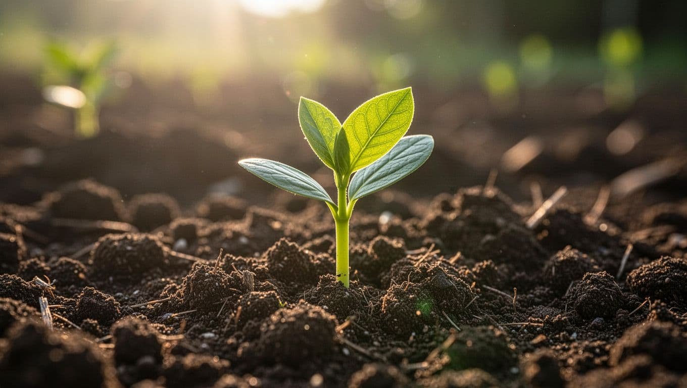 A single delicate green plant emerges from dark, moist earth. Warm morning sunlight illuminates the sprout, creating a high-contrast scene with soft shadows and a blurred, dreamy background environment.