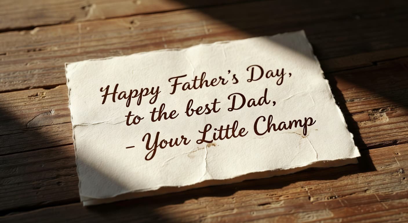 A close-up view of a textured paper card on a wooden surface, showing elegant cursive ink strokes and a unique family nickname. Warm directional light emphasizes the detailed paper grain.