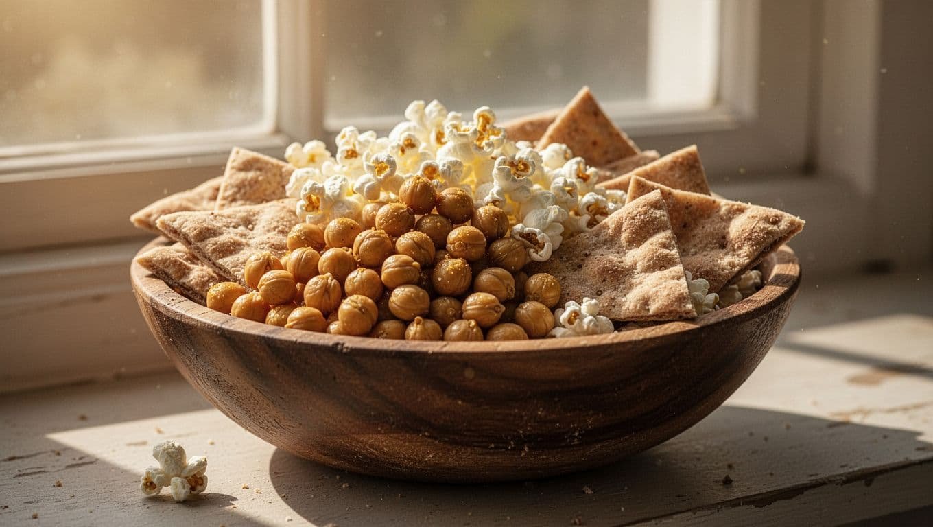 A bowl filled with roasted chickpeas, popcorn, and pita chips sitting on a wooden surface.