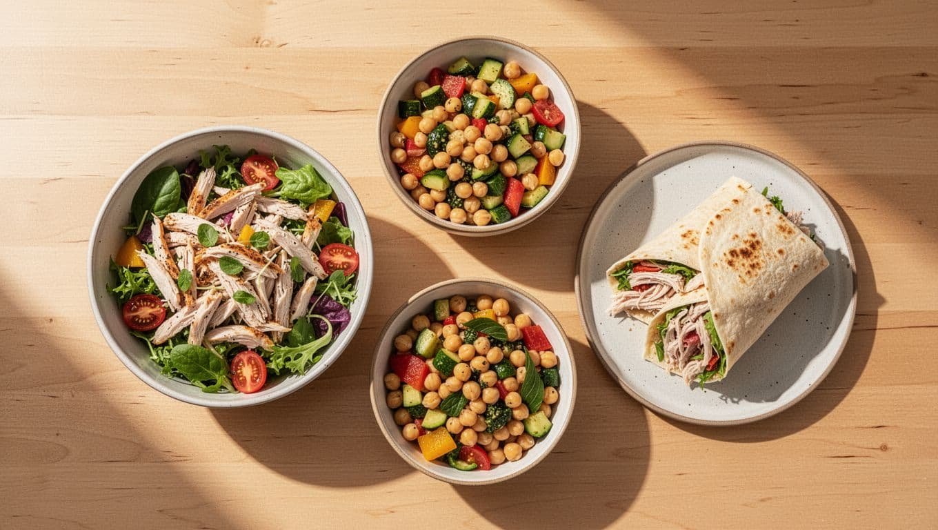 A bright wooden table displays a colorful chicken salad, a hearty chickpea bowl, and a fresh turkey wrap. Warm natural sunlight illuminates the nutritious meal arrangement during a pleasant summer day.