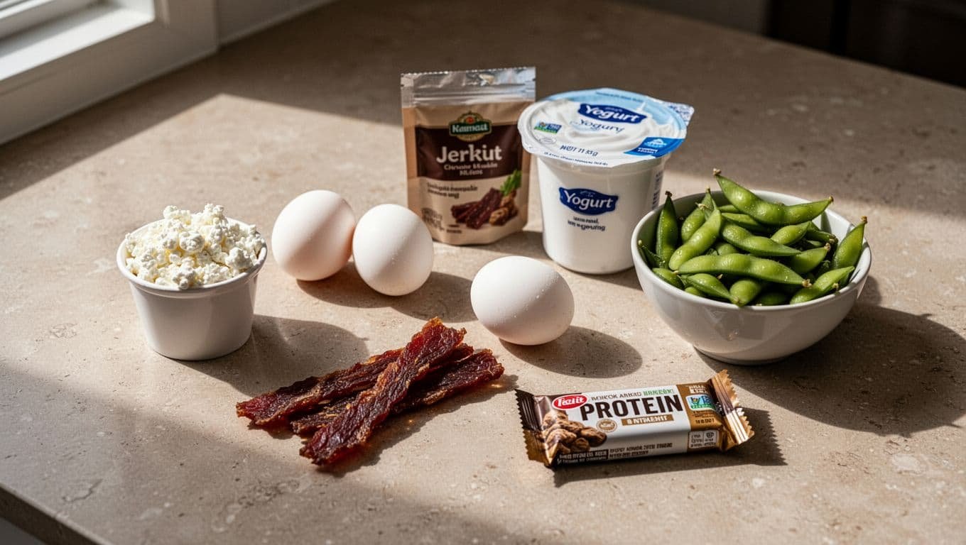 A collection of cottage cheese, boiled eggs, beef jerky, Greek yogurt, and edamame rests on a stone countertop. Sunlight creates sharp highlights across these various nutritious grab-and-go snack options.