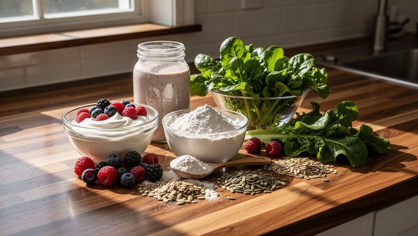 Ingredients for a protein smoothie including berries, yogurt, and greens on a wooden counter.