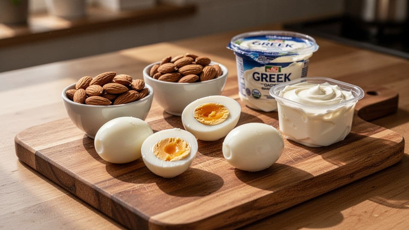 A wooden tray featuring hard-boiled eggs, almonds, and Greek yogurt snacks.