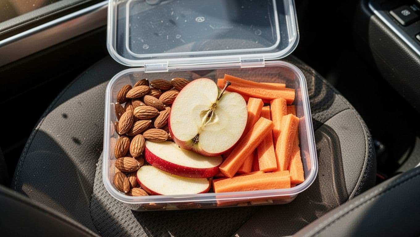 A partitioned plastic container sits on a car seat filled with sliced apples, crisp carrot sticks, and raw almonds. Warm sunlight streams through the passenger window to illuminate the fresh produce.