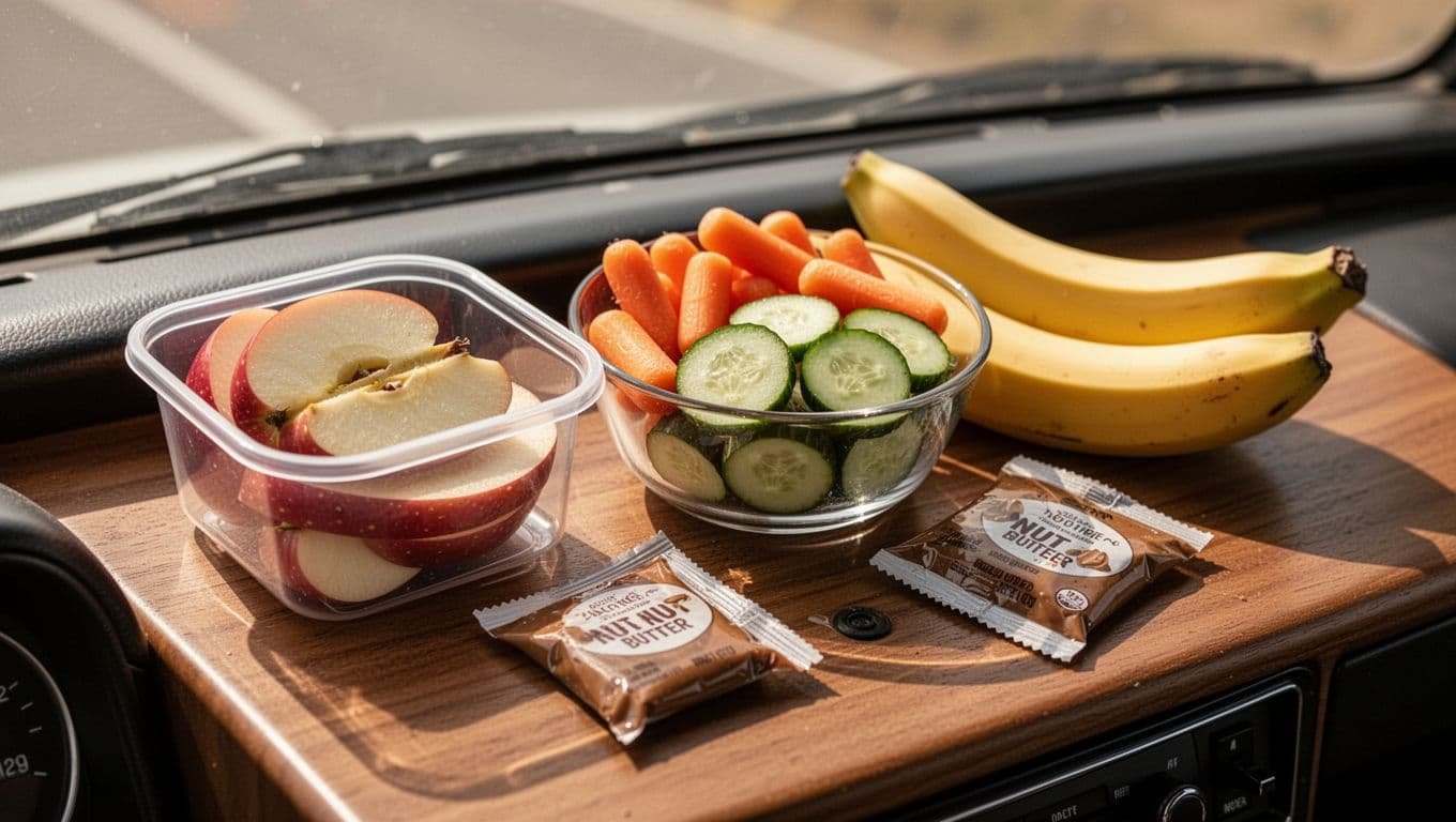 A wooden dashboard holds fresh apple slices, crunchy baby carrots, cucumber rounds, and ripe bananas. Packets of nut butter sit neatly beside these portable containers under soft, warm natural sunlight.