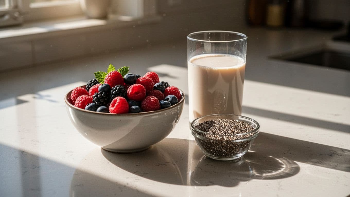 Assorted berries, almond milk, and chia seeds arranged on a kitchen surface for making a healthy smoothie.