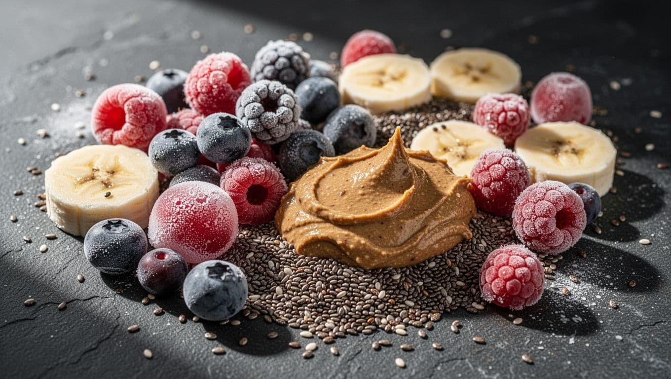 Frozen berries, sliced bananas, and almond butter arranged on a dark table.