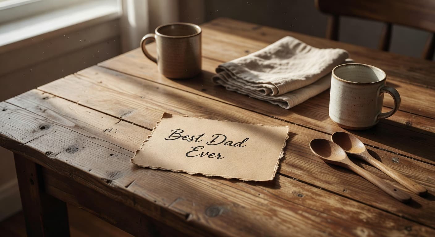A rustic wooden table features a handcrafted greeting card displaying elegant cursive script. Soft, directional sunlight streams across the textured surface, creating long, dramatic shadows and a warm, inviting atmosphere.