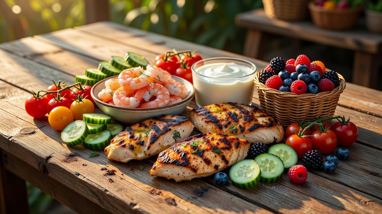 A rustic wooden table features grilled chicken, steamed shrimp, creamy Greek yogurt, and vibrant produce like berries and cucumbers. Warm sunlight illuminates the fresh ingredients, creating an inviting and healthy display.