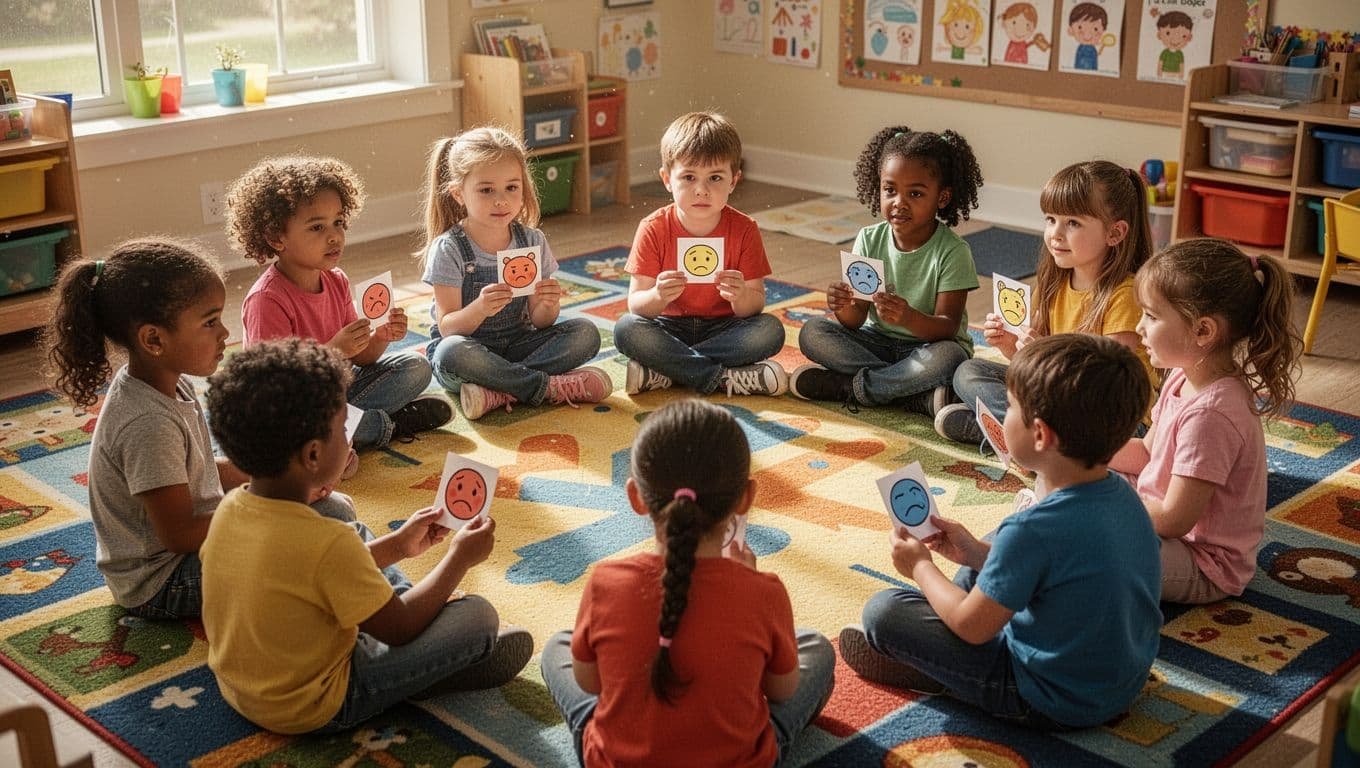 Diverse young children sit on a vibrant classroom rug arranged in a circle. Each student holds a small card featuring an emoji representing an emotion during their daily group check-in session.