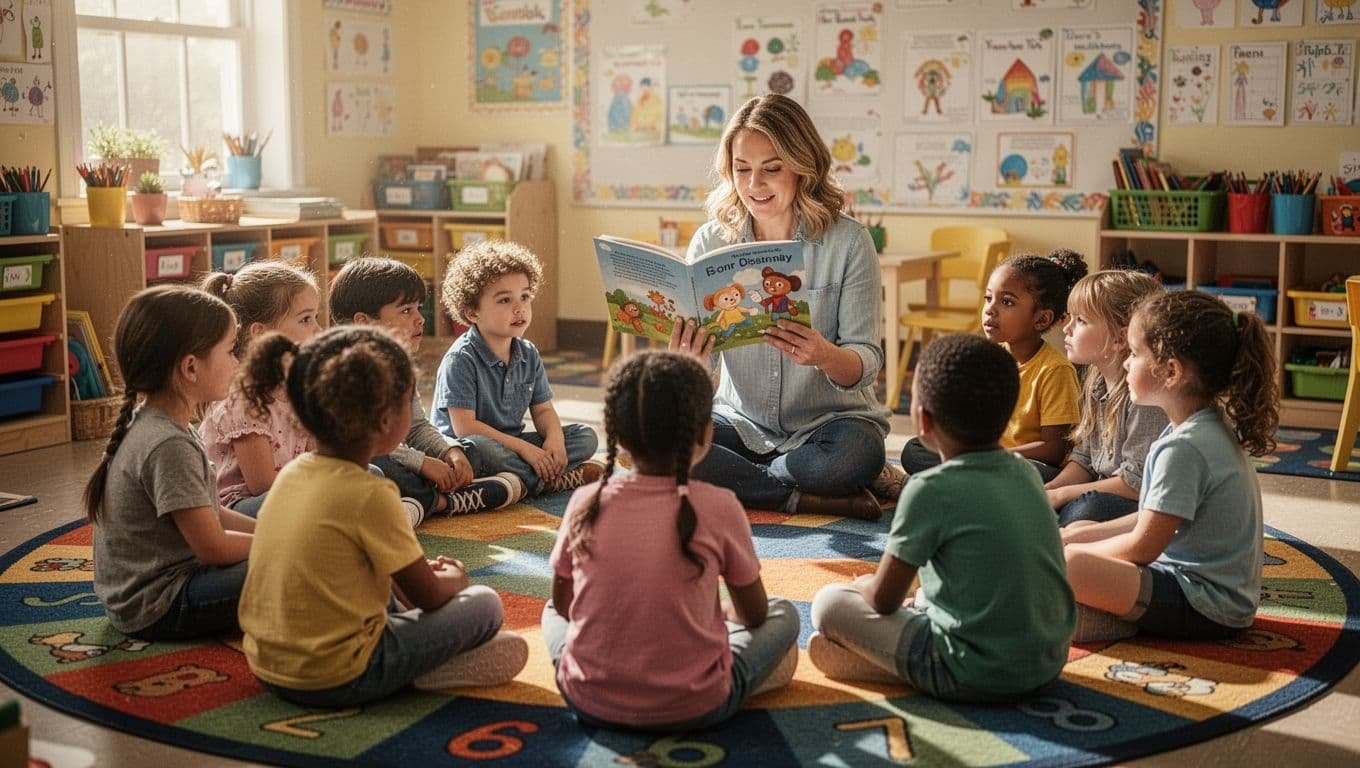 A teacher sits on a vibrant patterned rug, holding an open book as young students gather in a tight circle. Sunlight pours through the windows, illuminating the attentive children's expressive faces.