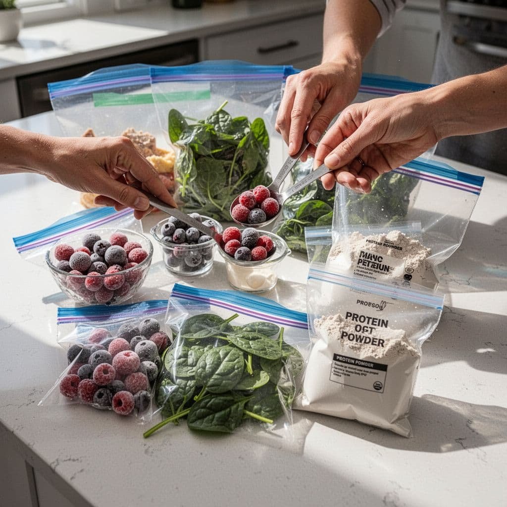 Hands filling a freezer bag with smoothie ingredients like berries and spinach on a kitchen counter.