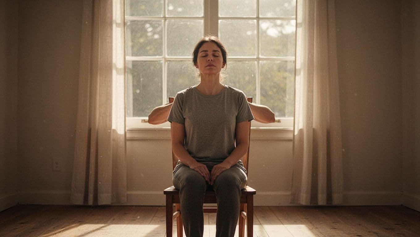 A focused individual sits quietly in a sunlit room, eyes closed with hands resting gently. Soft natural light highlights their tranquil expression while they pause to center themselves in solitude.