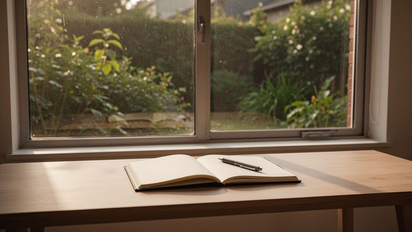 An open notebook with a resting pen sits on a clean desk beside a window. Soft morning sun illuminates the scene, highlighting a lush, blurred garden view in the background.