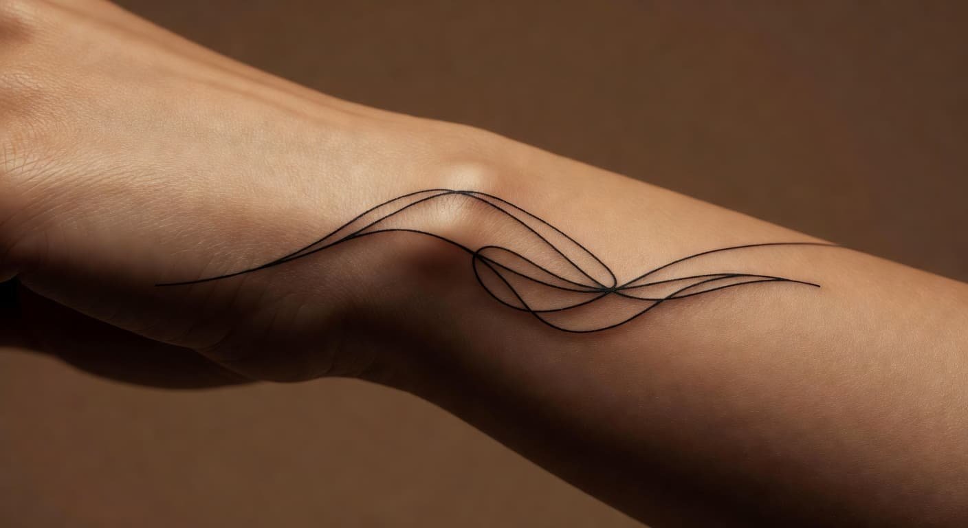 A close-up view shows a delicate black ink tattoo featuring precise lines on the inner wrist. The skin remains smooth and hydrated, highlighting the sharp contrast of the timeless artistic design.