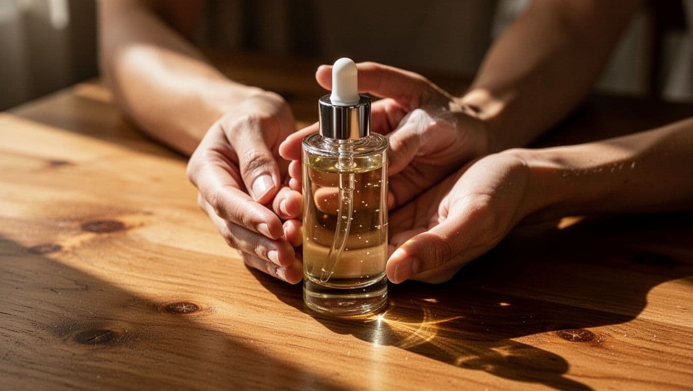 Hands hold a clear glass dropper bottle containing golden face oil against a blurred wooden background. Soft natural light creates deep, dramatic shadows and emphasizes the texture of the glass bottle.