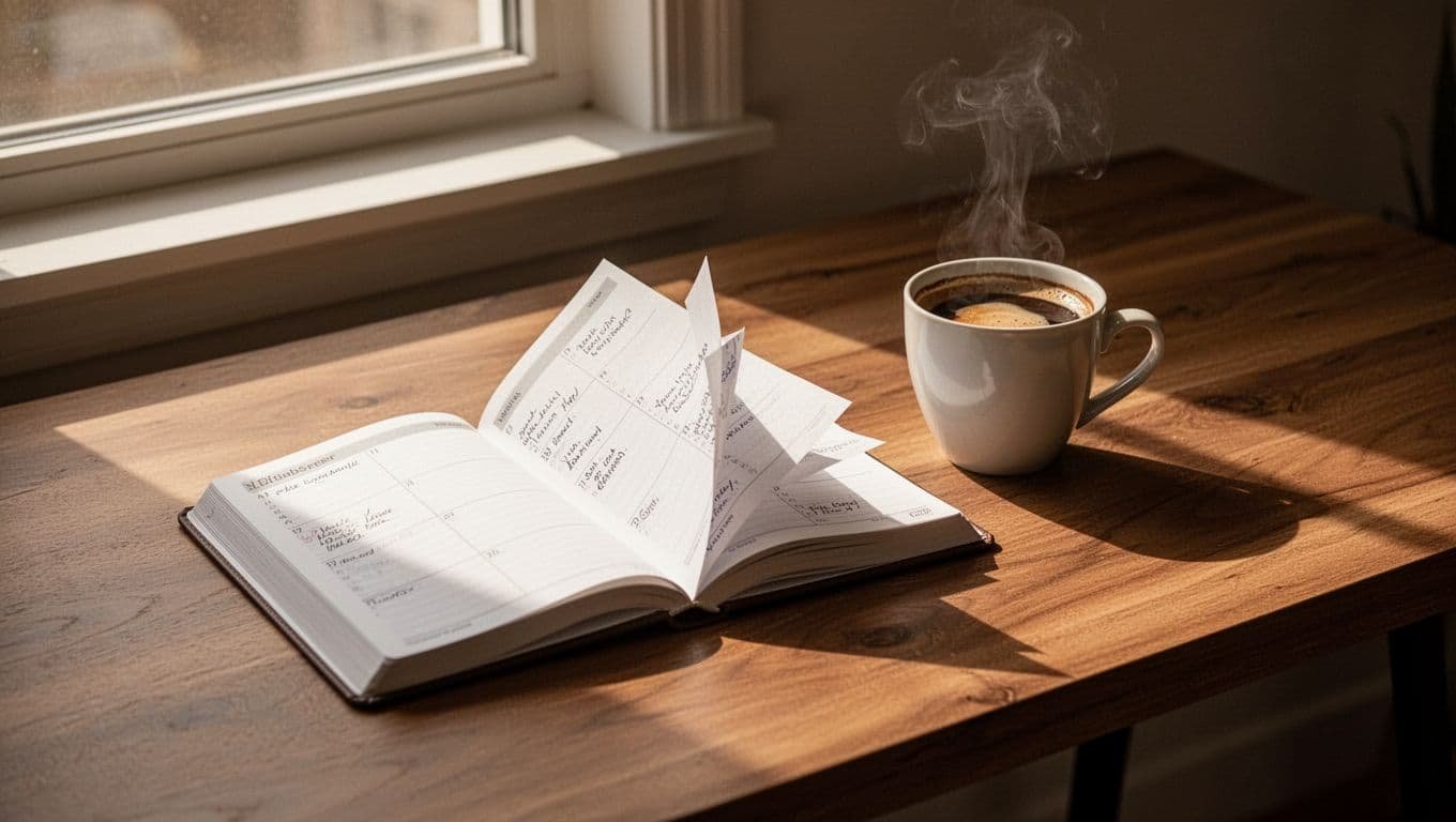 A clean wooden surface features an open physical planner and a steaming coffee mug positioned near a sunny window. The scene captures a serene, focused atmosphere perfect for daily productivity.
