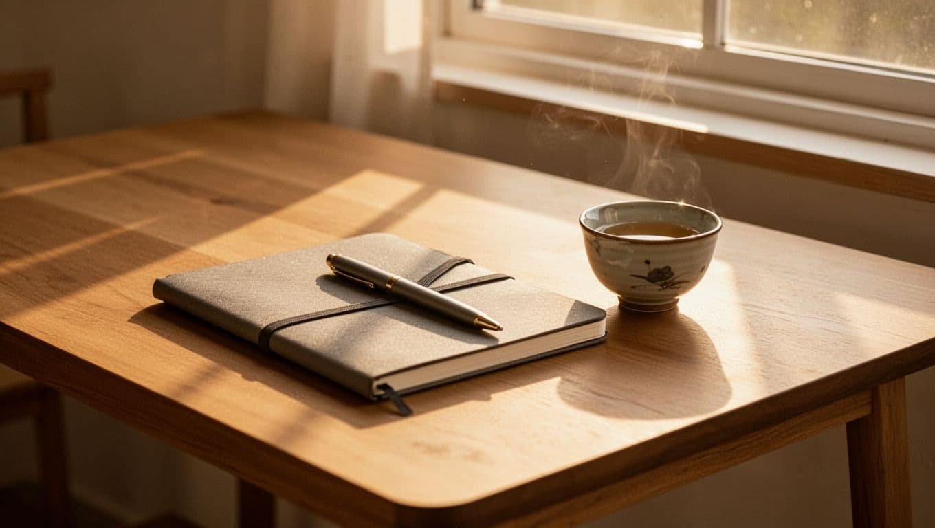 A close view of a quiet reading nook with an open book and a cup beside it, lit by warm summer sunlight from a nearby window. The space feels still, focused, and unhurried.
