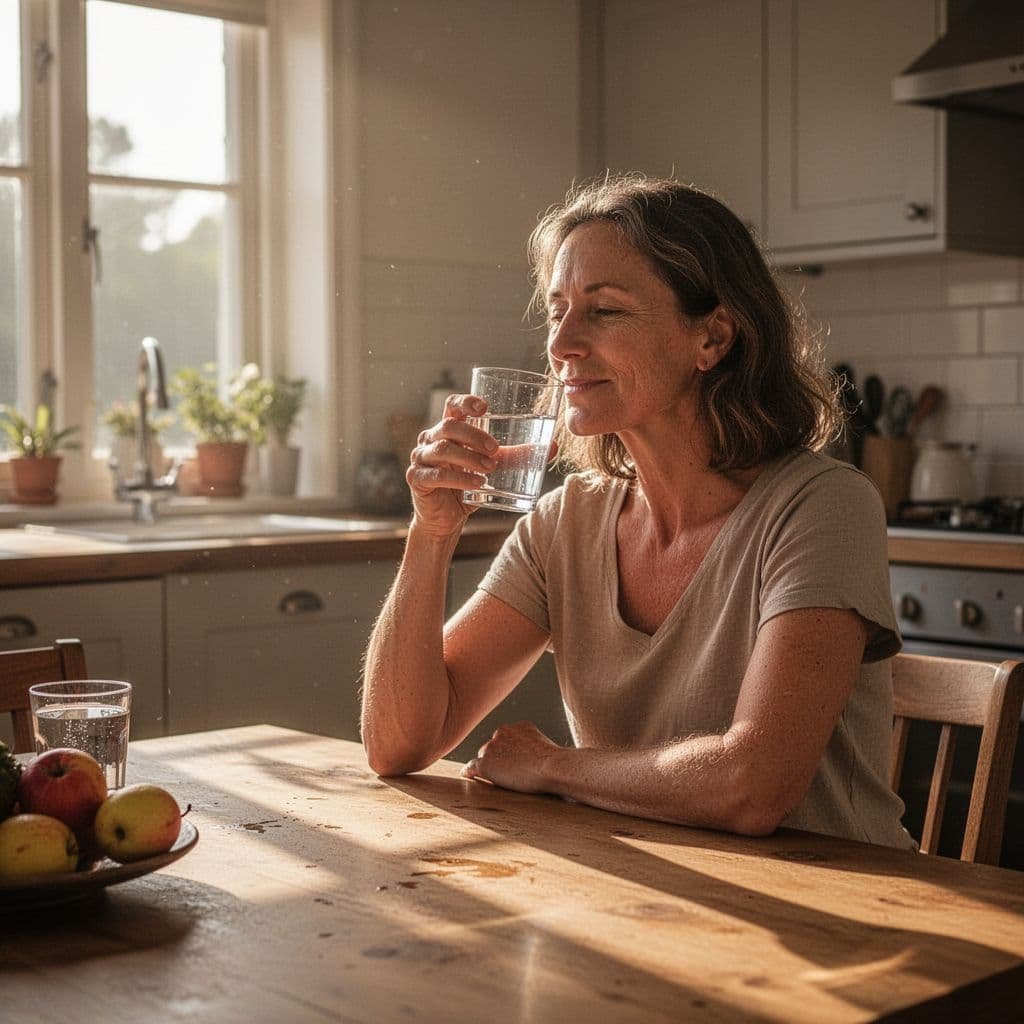 A person sits at a sun-drenched kitchen table during the early morning. They hold a clear glass of water, while soft light reflects off the table surface in a warm atmosphere.