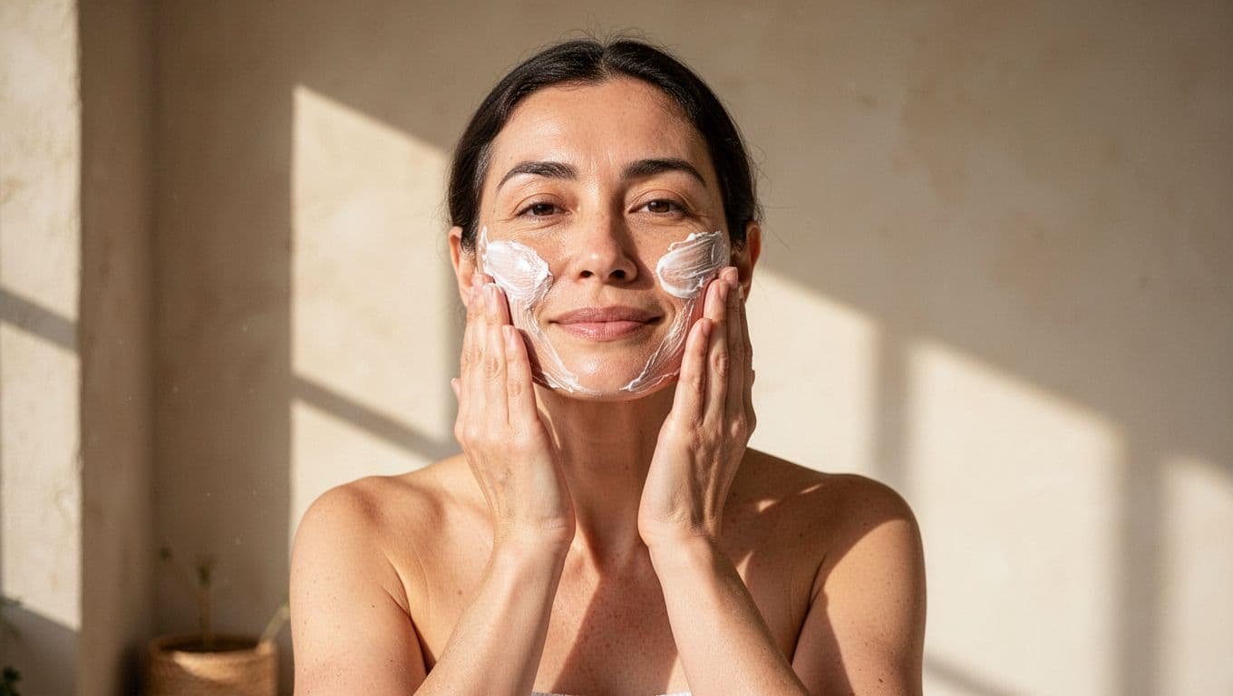 A person gently rubs cream into their cheeks within a sun-drenched, minimalist room. Soft morning light creates a clean atmosphere, highlighting the glowing skin texture during their daily wellness routine.