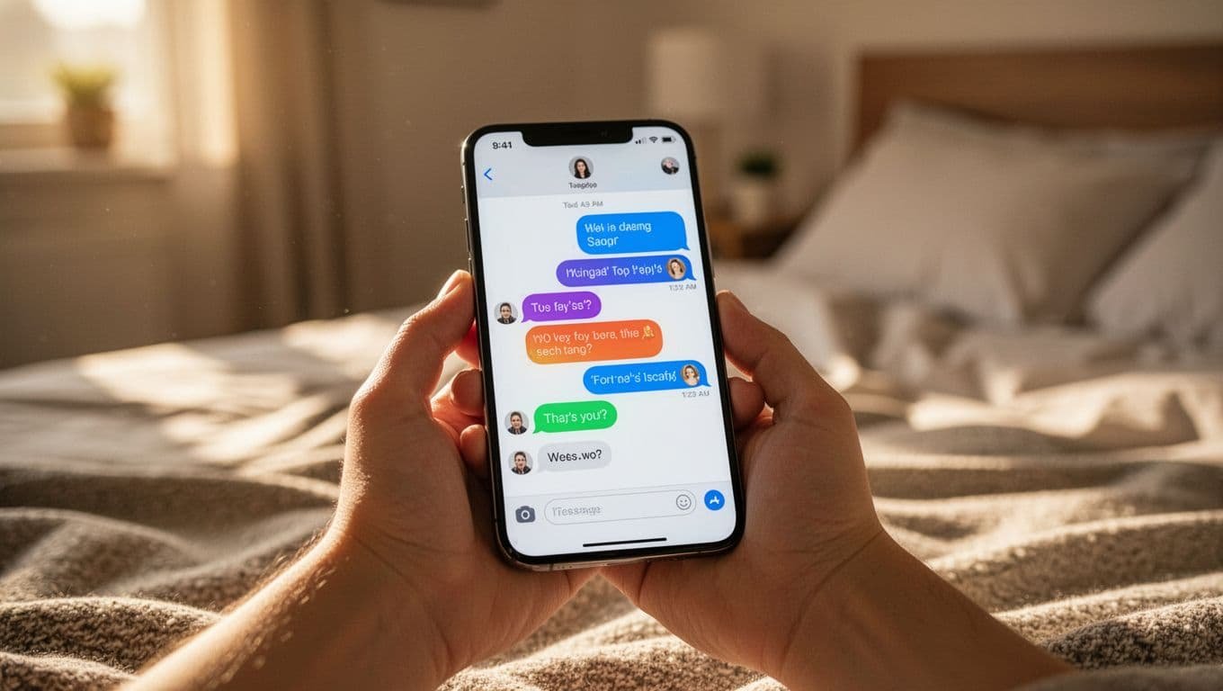 A person holds a smartphone displaying a list of text messages during a sunny morning. The background features a soft-focus cozy bedroom interior bathed in warm, natural golden hour sunlight.