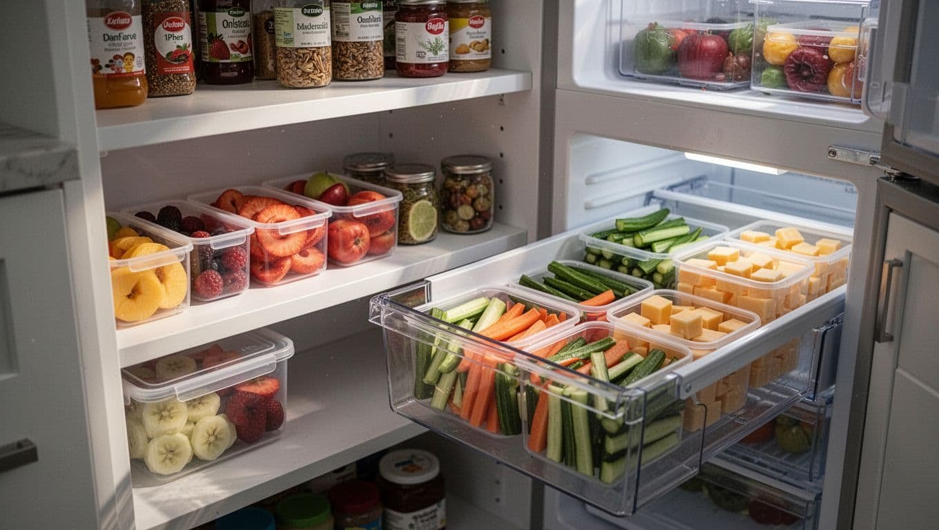 Neat rows of healthy snacks arranged in containers inside a bright refrigerator.