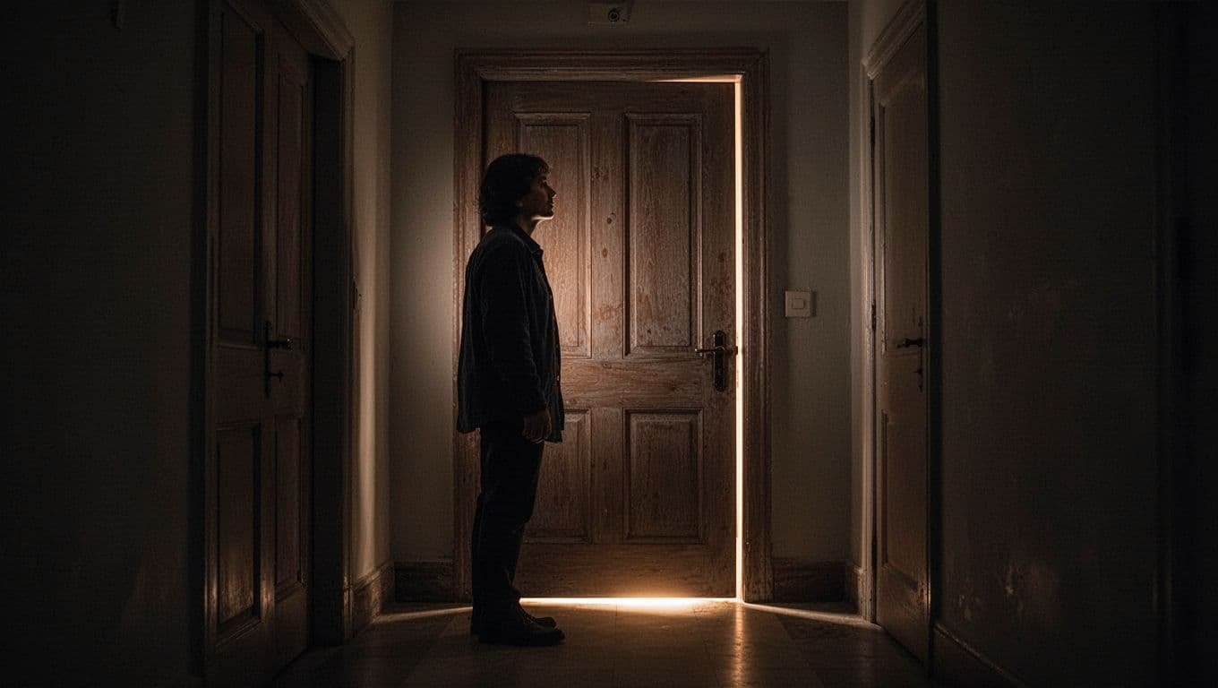 A dark, blurred silhouette of a concerned parent stands before a solid wooden door. A sliver of warm, soft light glows from beneath the frame, creating a stark contrast against shadows.