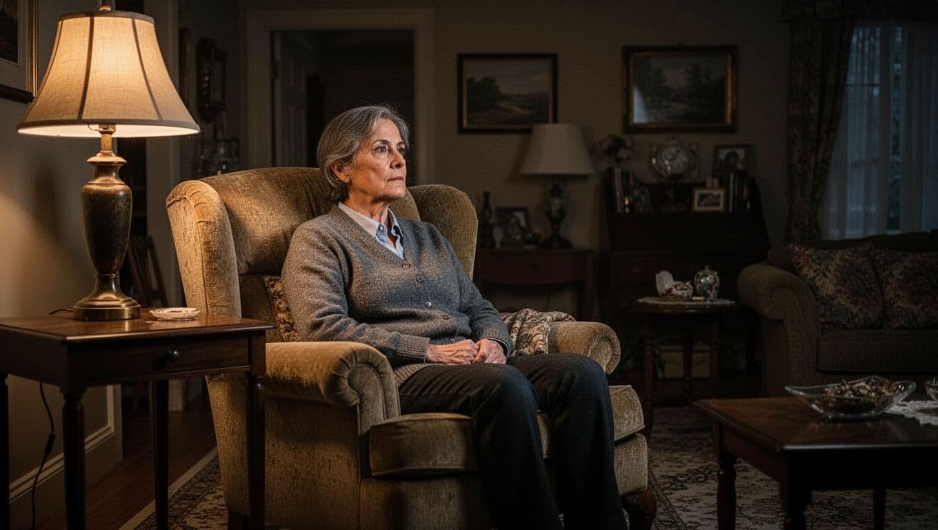 A middle-aged parent rests in a plush armchair within a dark, peaceful living room. A single lamp illuminates the scene with warm light, creating soft, contemplative shadows against the textured wall.