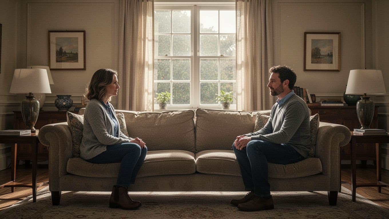 An older parent and adult son sit on opposite ends of a plush beige sofa within a sunlit living room. They share a quiet moment of connection as they face each other.