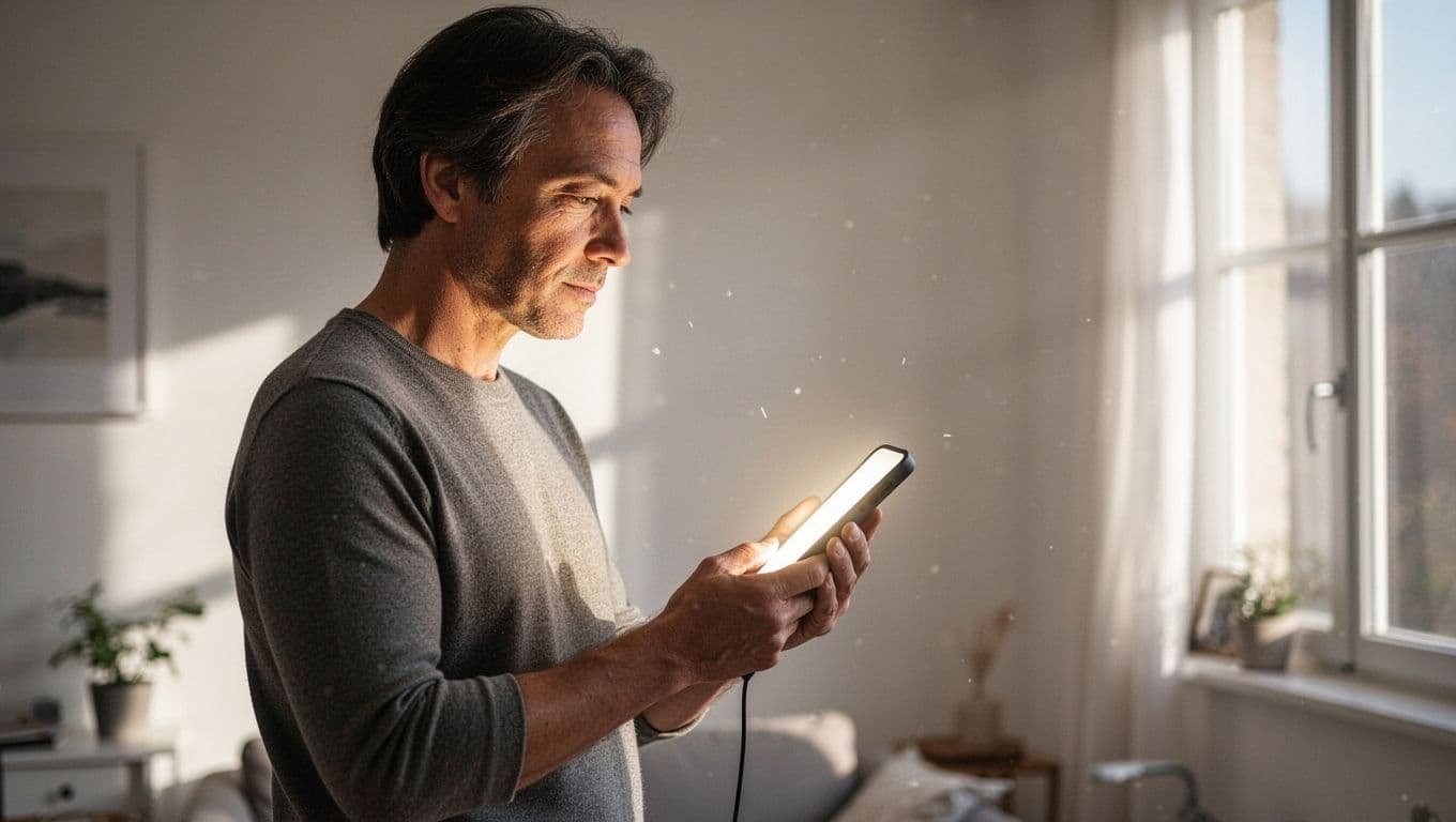 A focused individual stands in a sunlit room, holding a smartphone while pondering potential text for a social media update. High contrast shadows define the character against a bright blurred background.