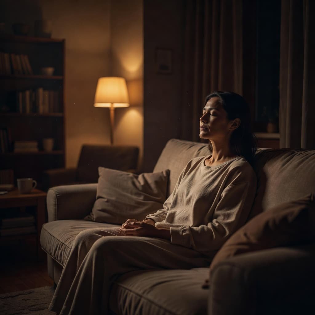 A person sits relaxed on a plush sofa in a dimly lit living room with eyes closed and hands resting on their lap. Soft warm light highlights their calm focused expression.