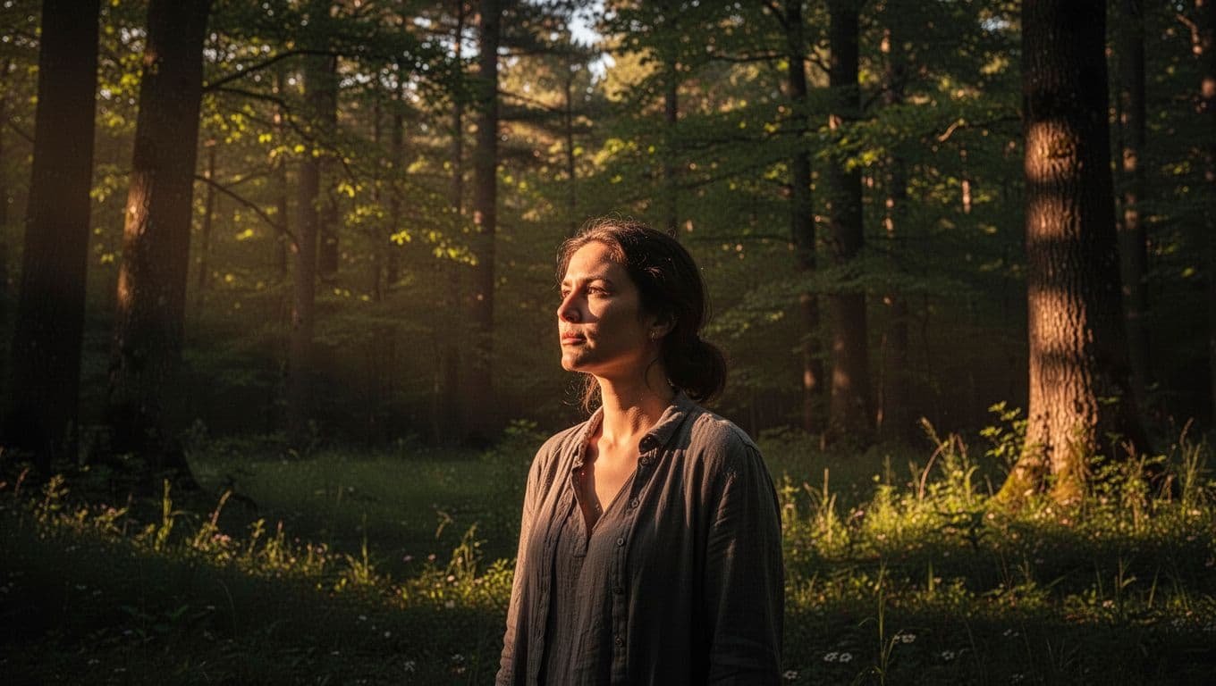 A silhouette of an individual stands in a serene woodland glade as warm evening sunlight illuminates their features. Long shadows stretch across the mossy floor, emphasizing a moment of quiet personal reflection.