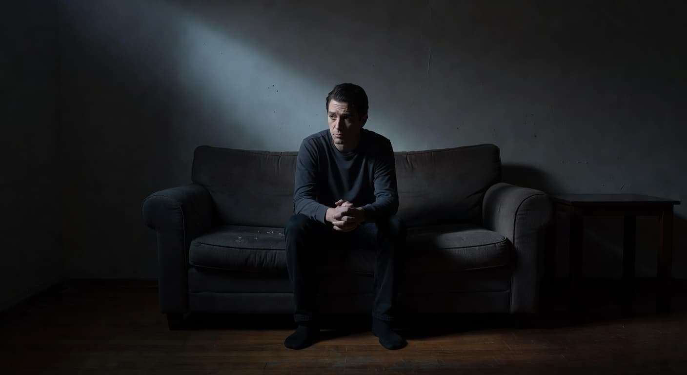 A solitary figure sits slumped on a deep-cushioned sofa within a dimly lit room. Strong cinematic shadows highlight a concerned expression as they contemplate intense personal thoughts in the quiet space.