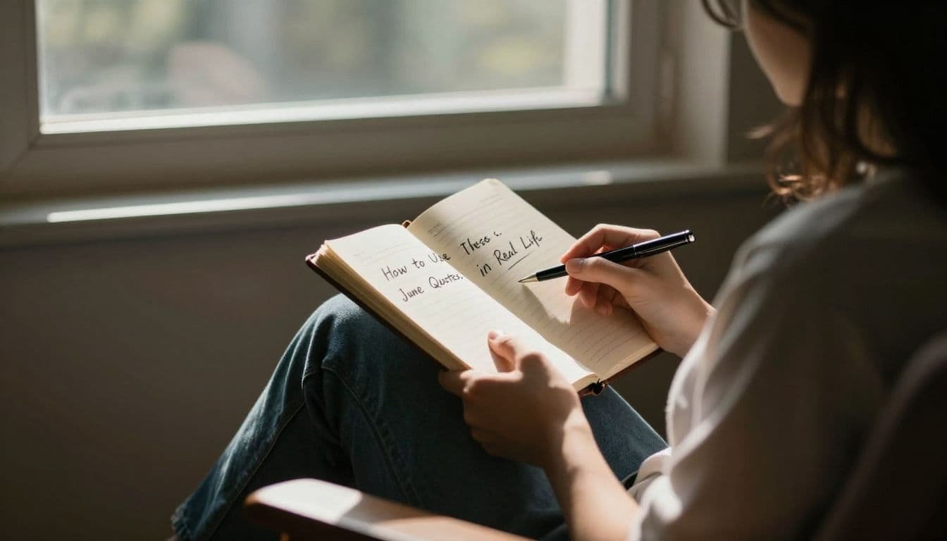 A person sits comfortably in a plush armchair positioned near a large window. They are captured in a moment of quiet reflection, holding an open notebook and pen as morning sunlight glows.