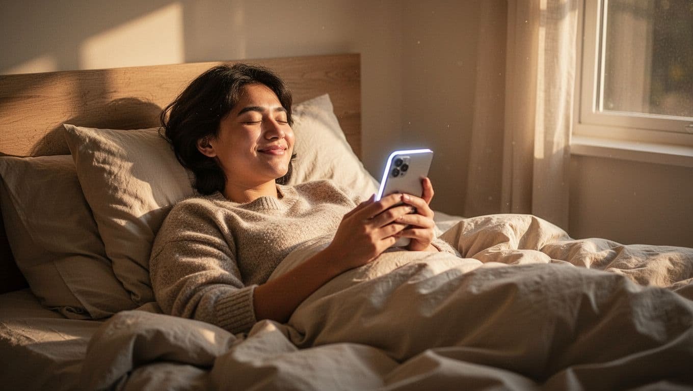 A person smiles warmly while looking at their smartphone screen while reclining in a bed with soft, rumpled linens. Golden morning sunlight streams through the nearby window, casting a gentle, peaceful glow.